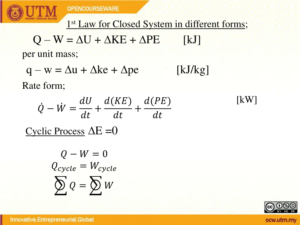 1 st law for closed system in different forms