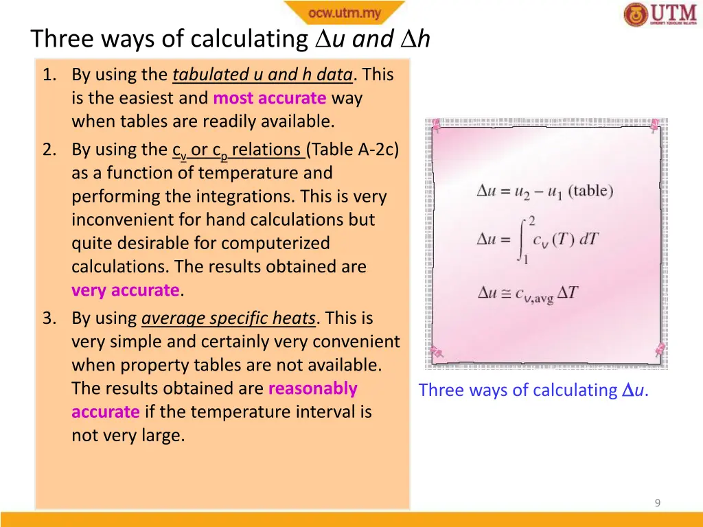 three ways of calculating u and h
