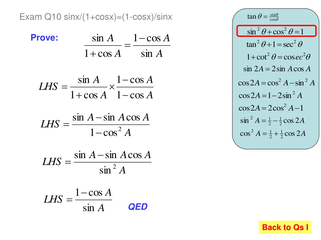 exam q10 sinx 1 cosx 1 cosx sinx