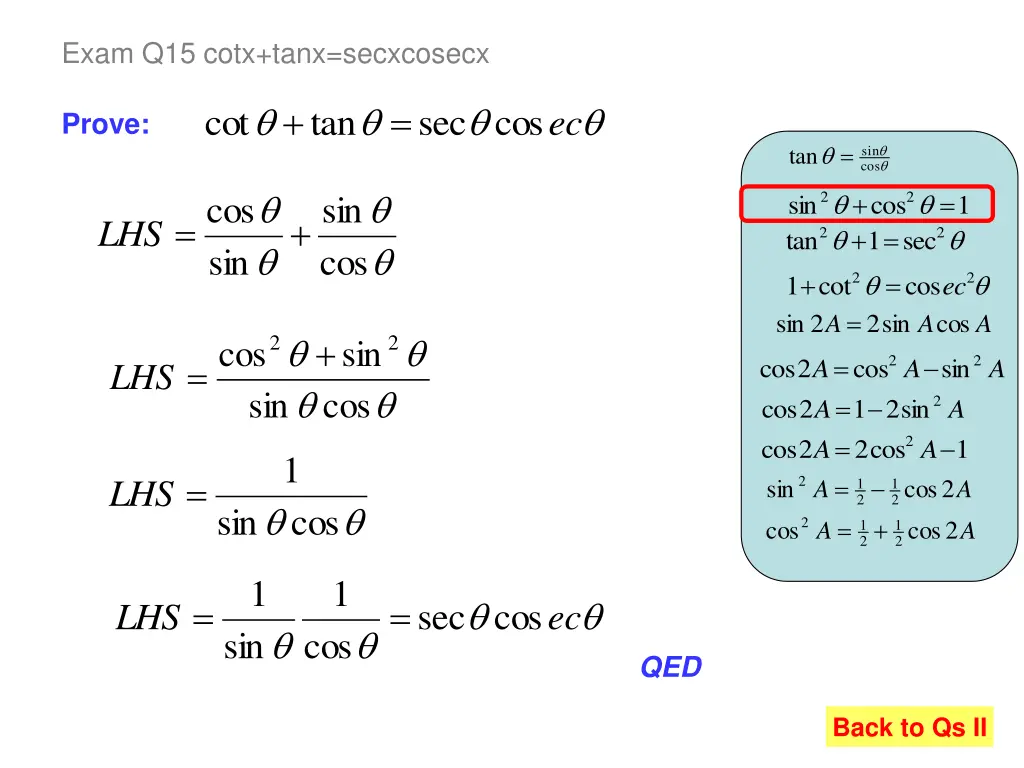 exam q15 cotx tanx secxcosecx