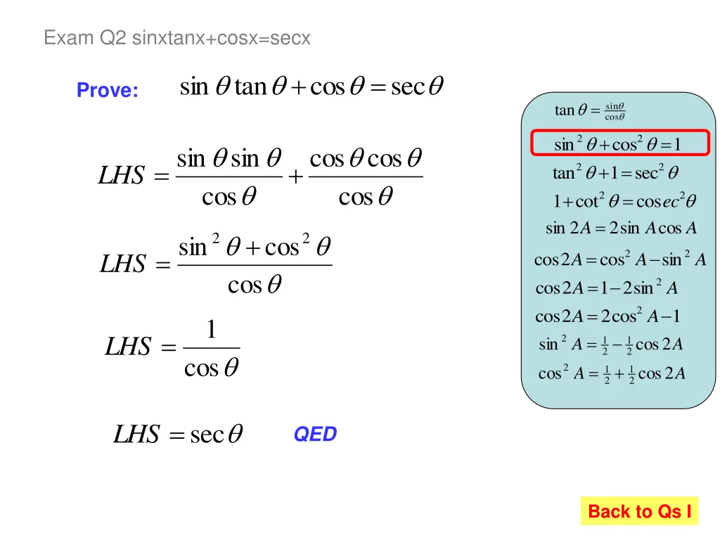 exam q2 sinxtanx cosx secx