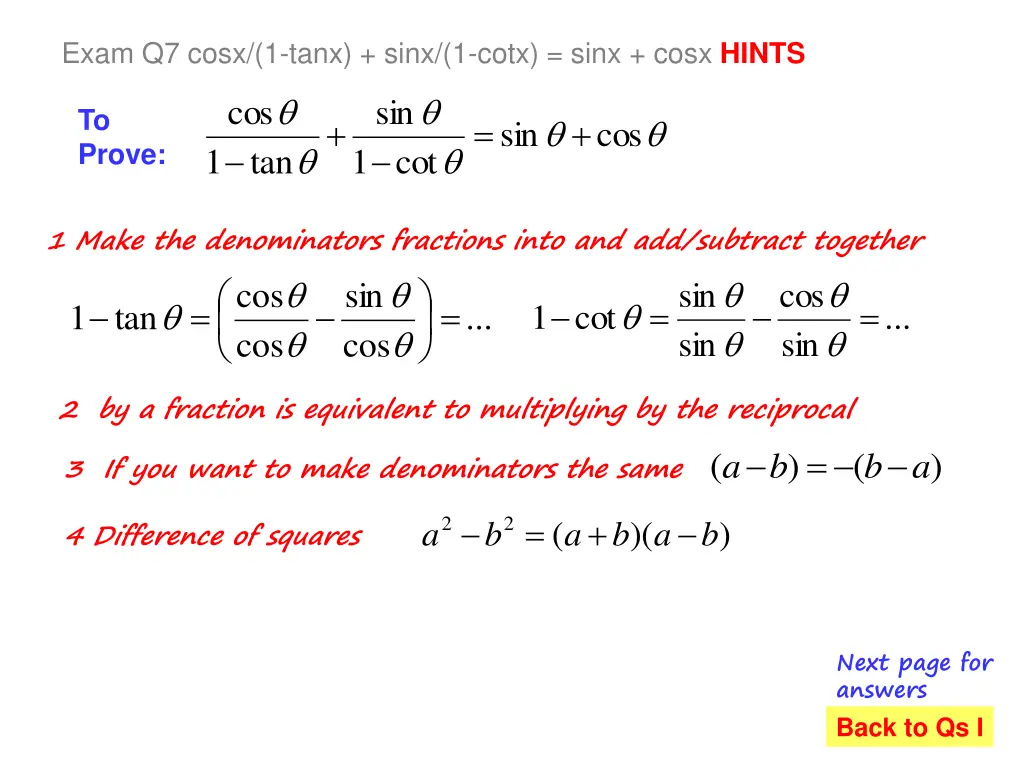 exam q7 cosx 1 tanx sinx 1 cotx sinx cosx hints