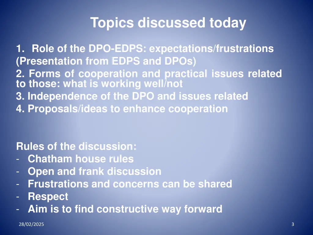 topics discussed today