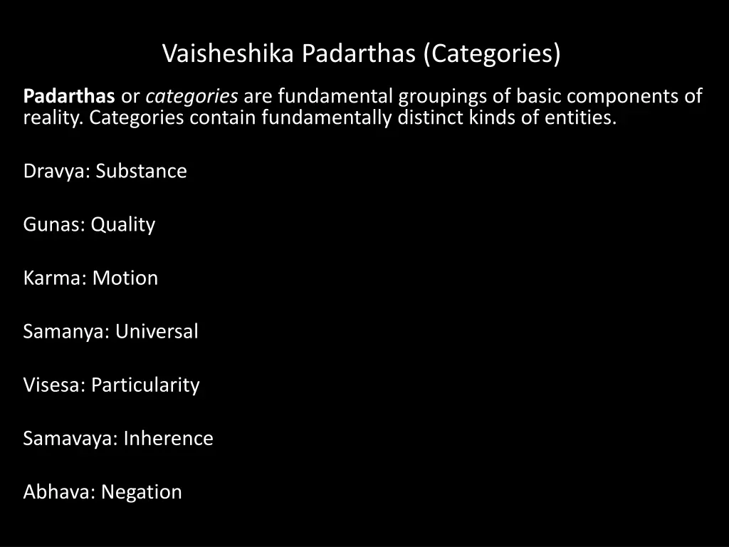 vaisheshika padarthas categories