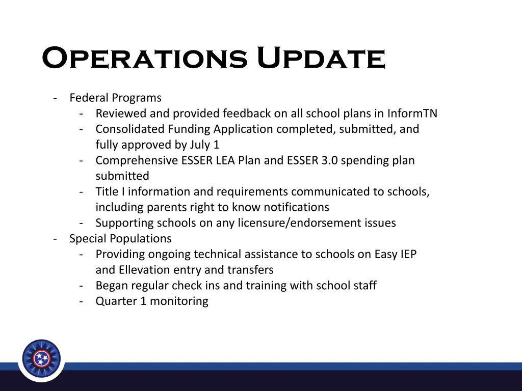 operations update 1