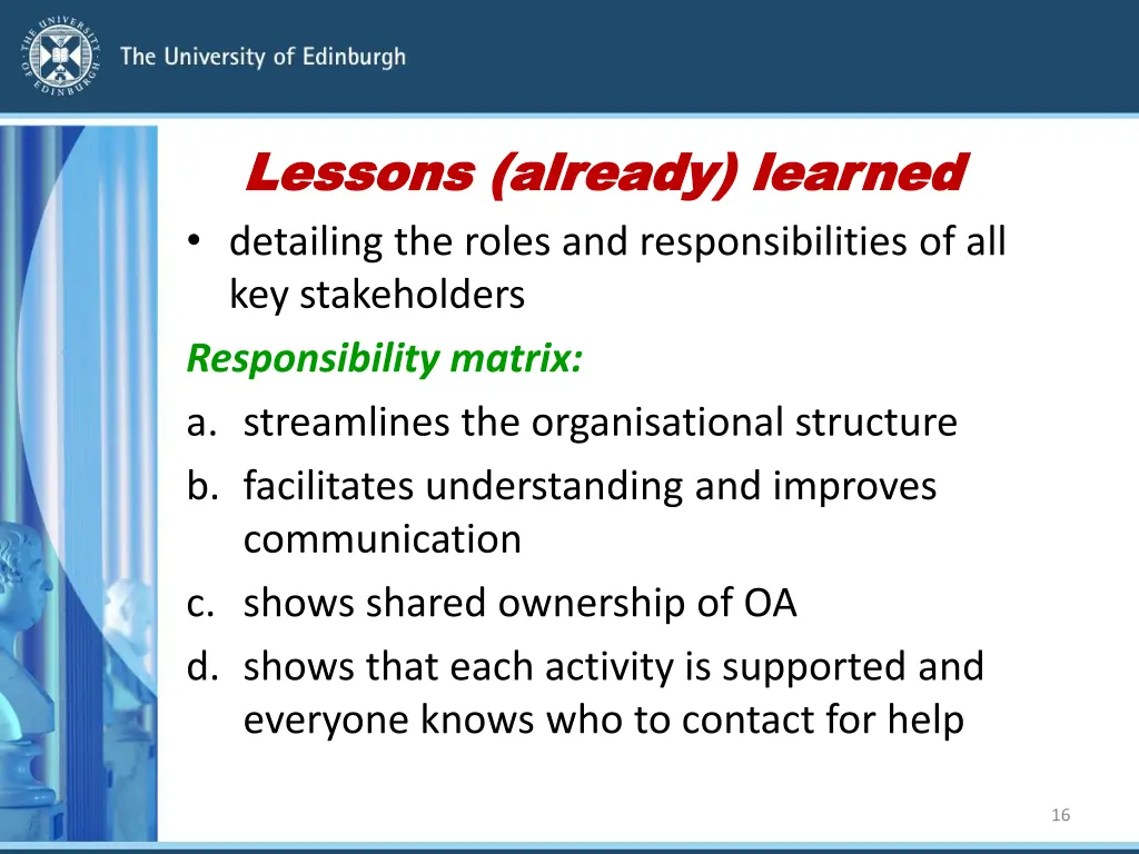 lessons lessons already already learned detailing