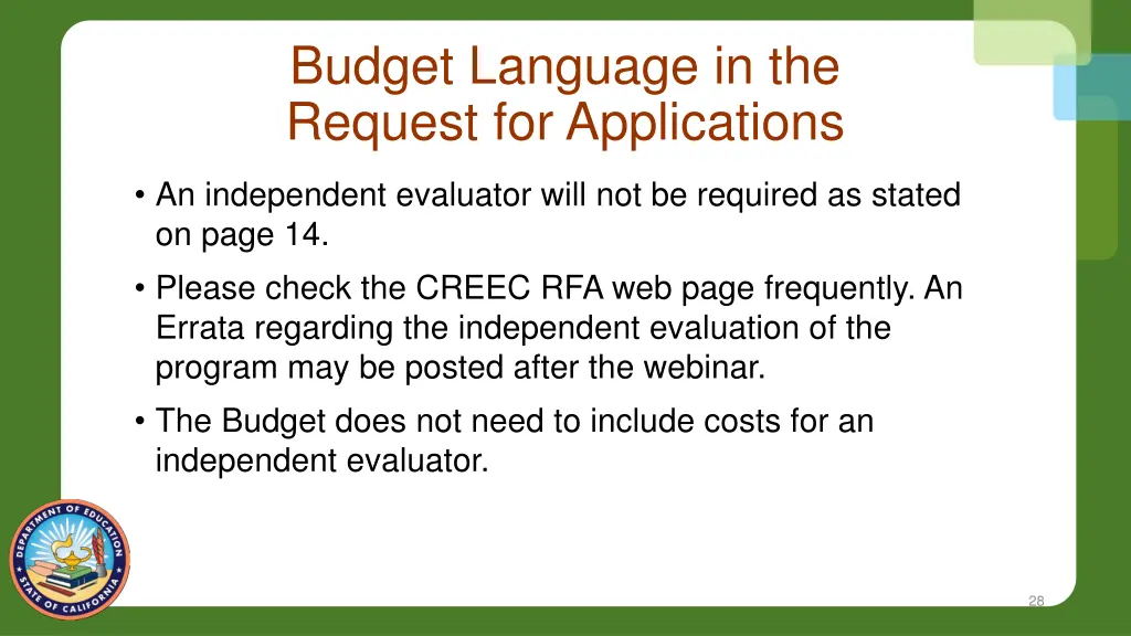 budget language in the request for applications