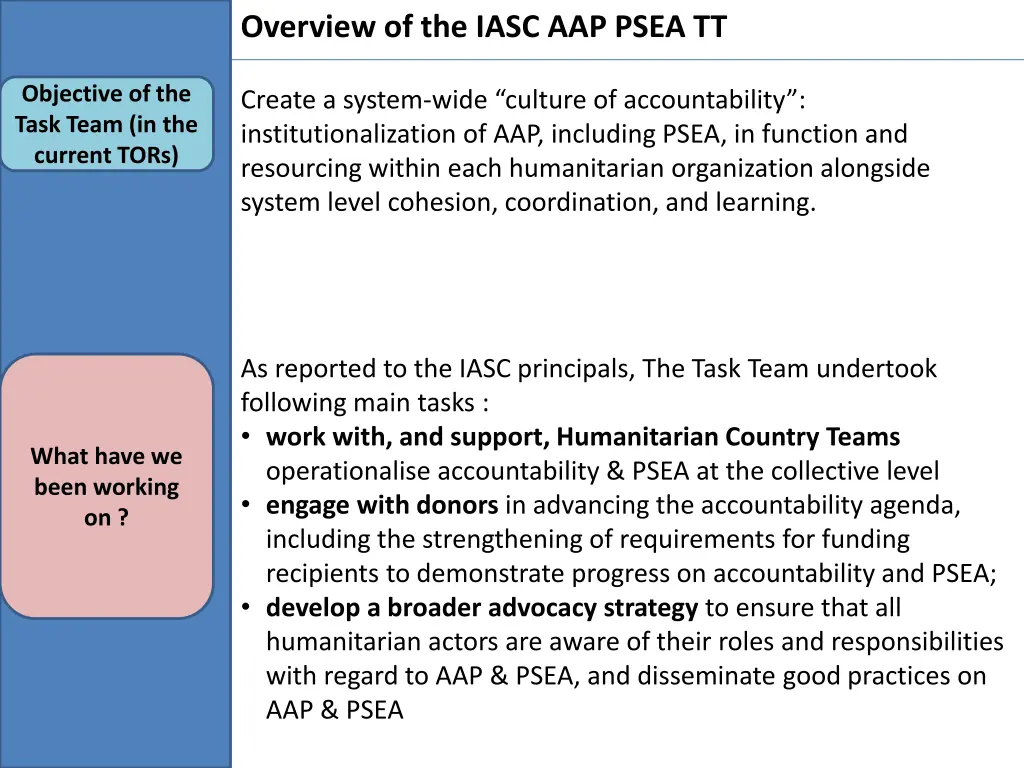 overview of the iasc aap psea tt