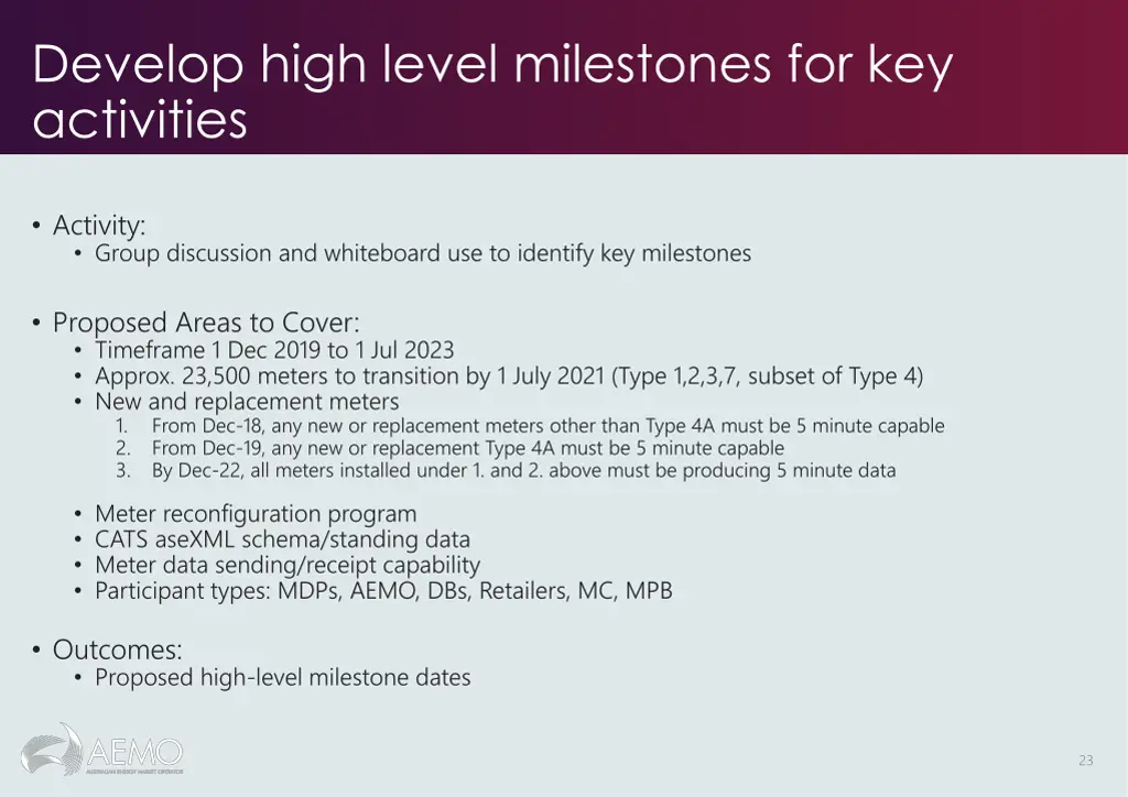 develop high level milestones for key activities