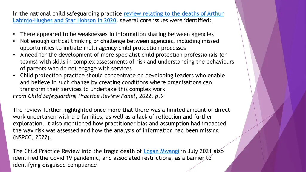 in the national child safeguarding practice