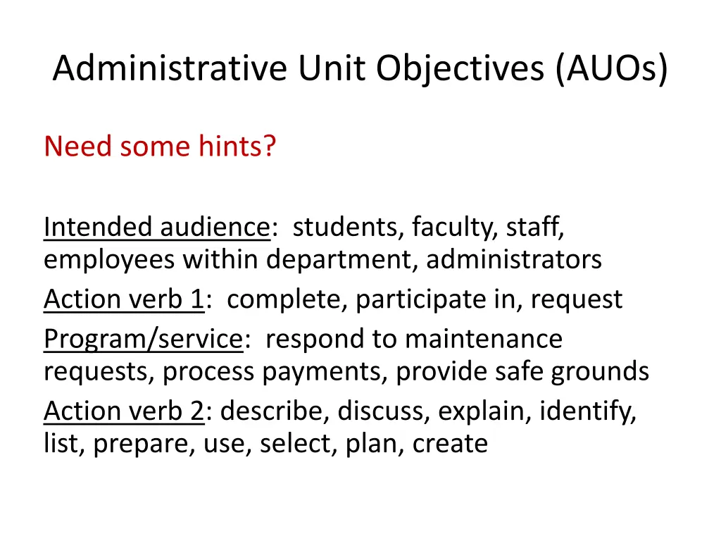 administrative unit objectives auos 1