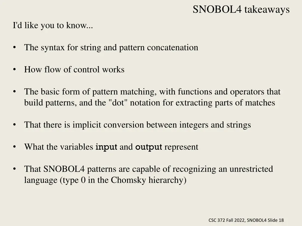 snobol4 takeaways