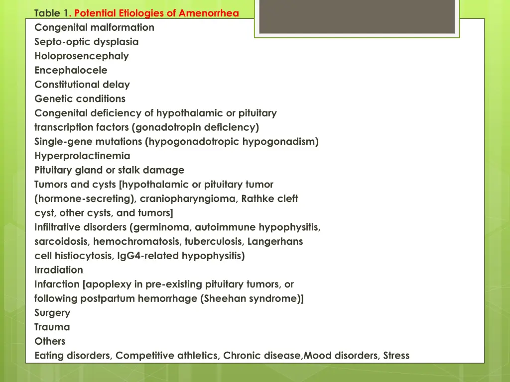 table 1 potential etiologies of amenorrhea