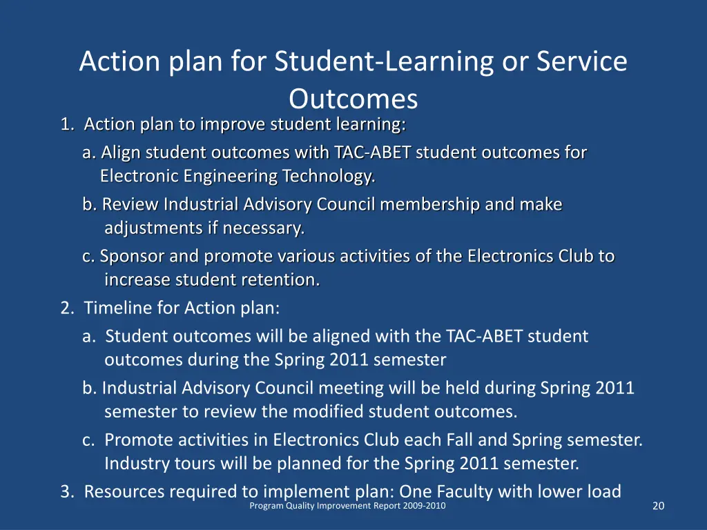 action plan for student learning or service
