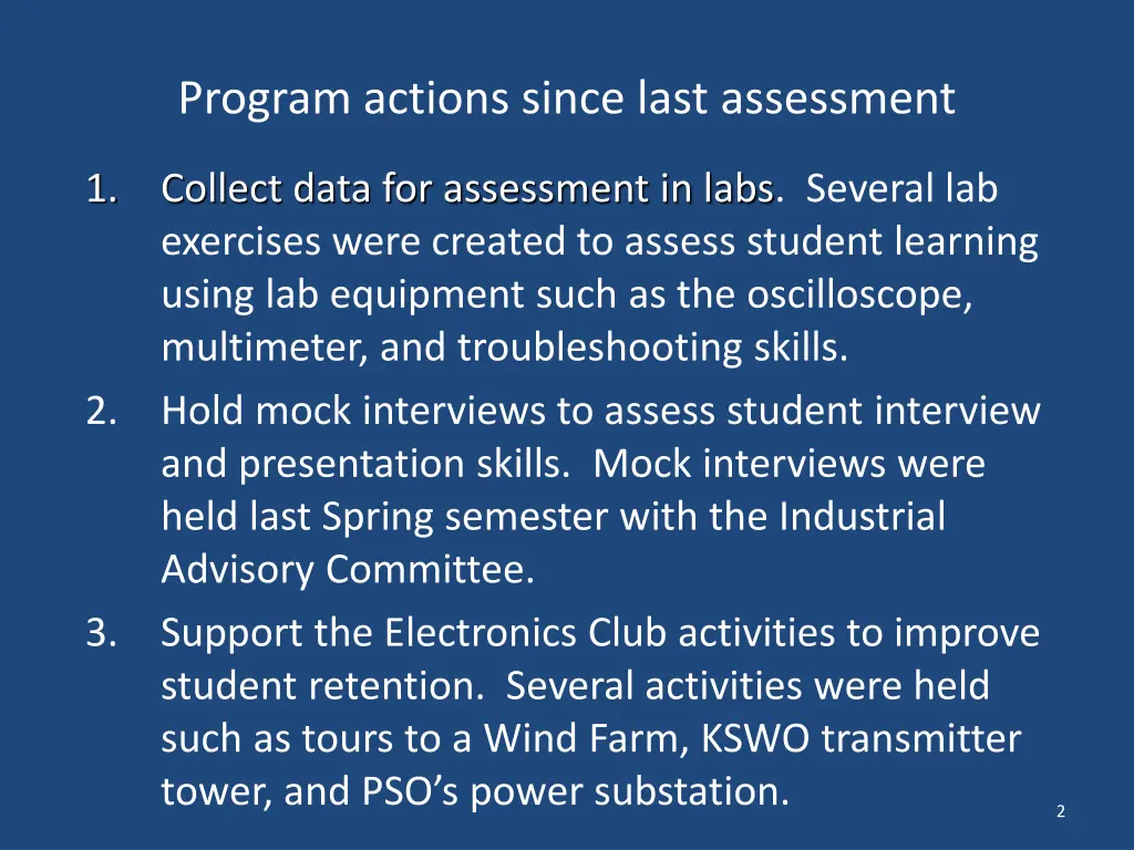 program actions since last assessment