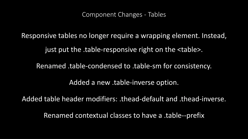 component changes tables