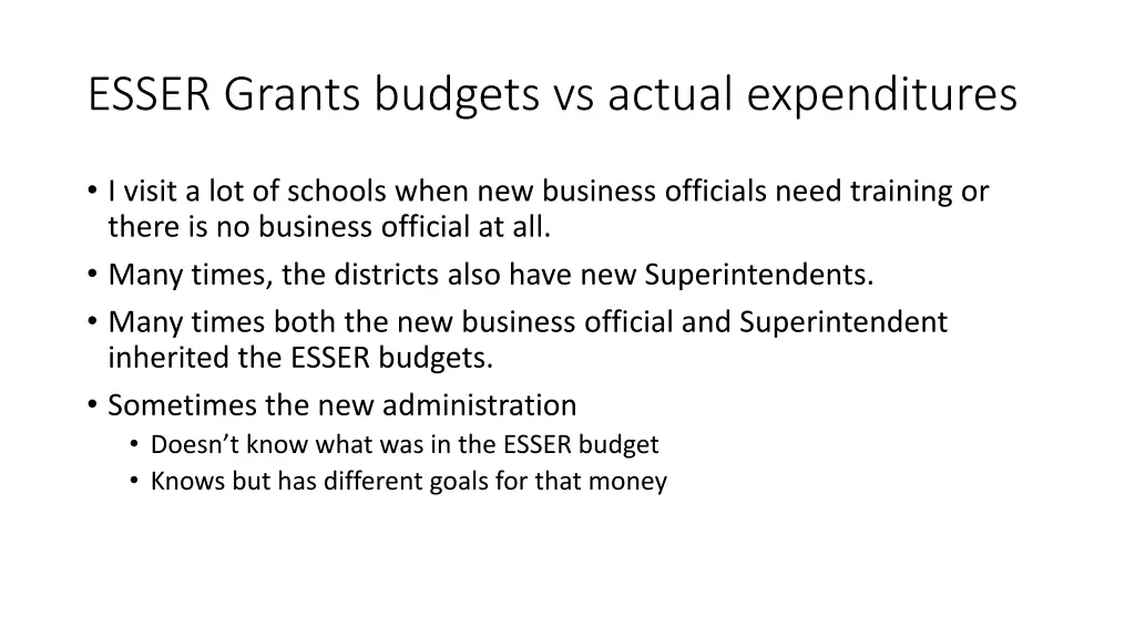 esser grants budgets vs actual expenditures