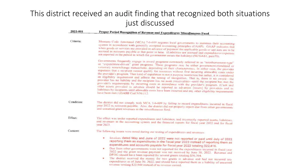 this district received an audit finding that