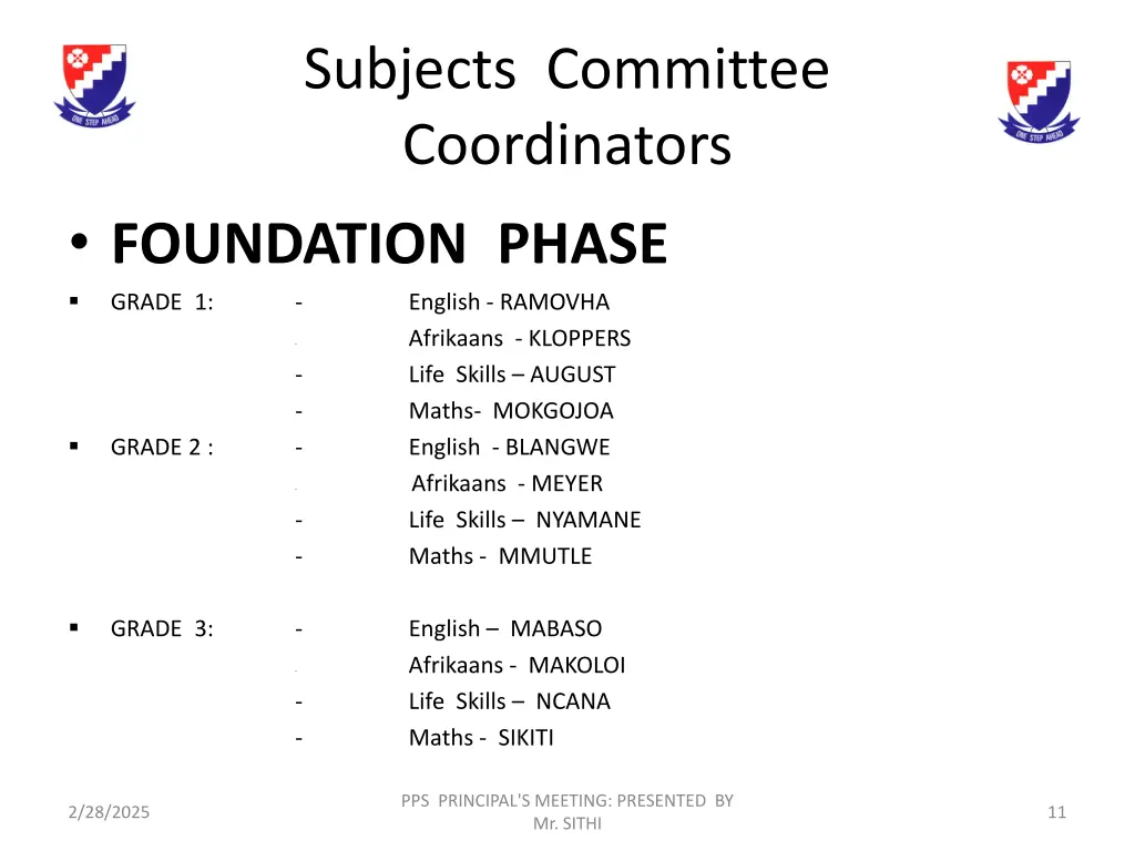 subjects committee coordinators foundation phase
