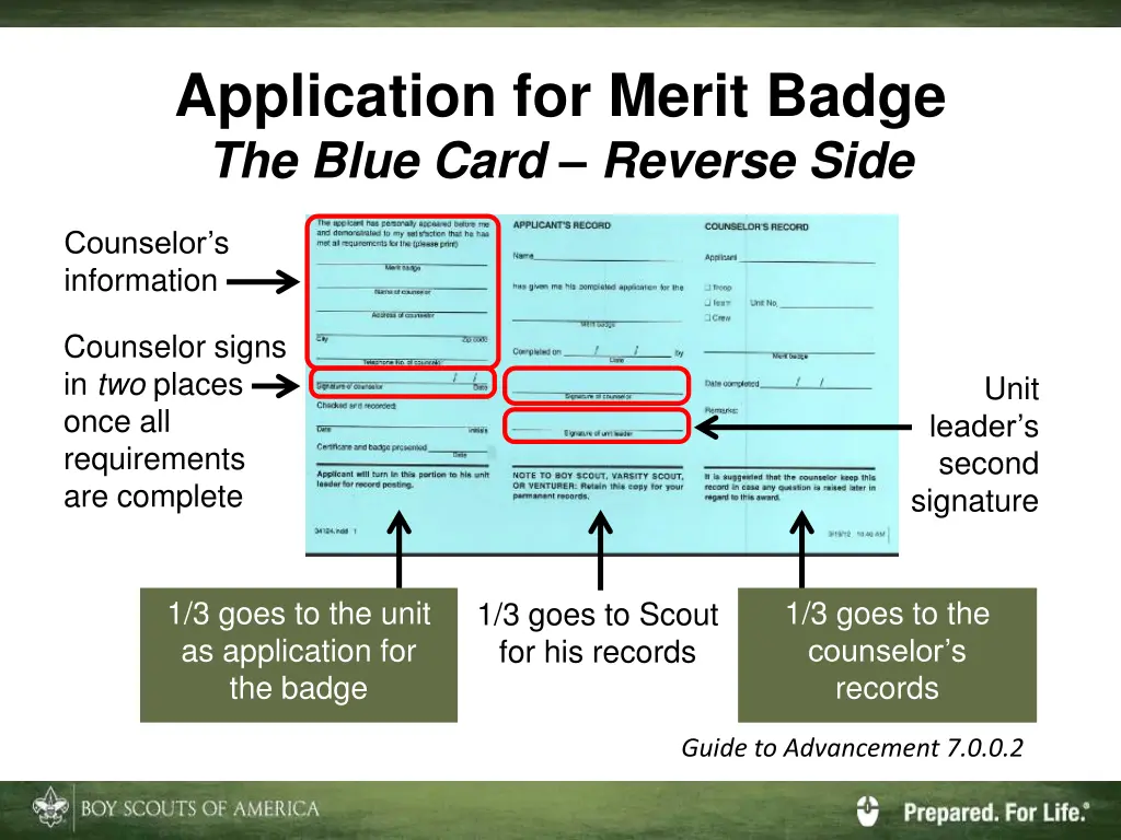 application for merit badge the blue card reverse