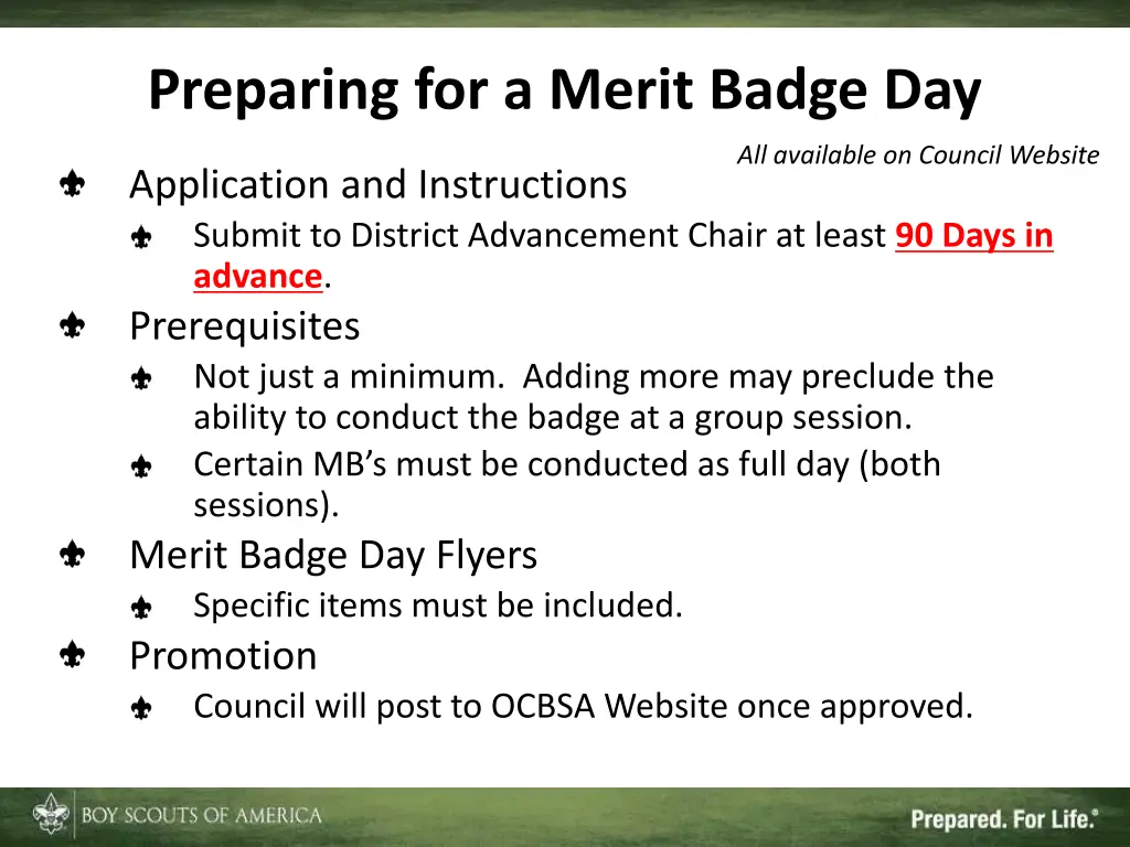preparing for a merit badge day