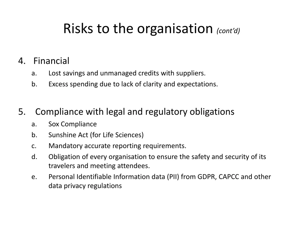 risks to the organisation cont d