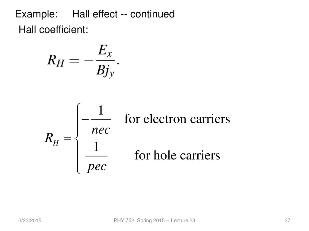 example hall effect continued hall coefficient