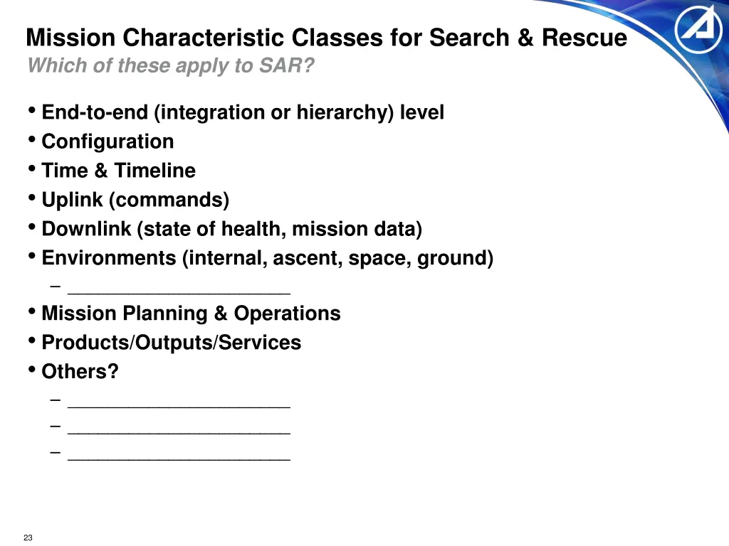 mission characteristic classes for search rescue
