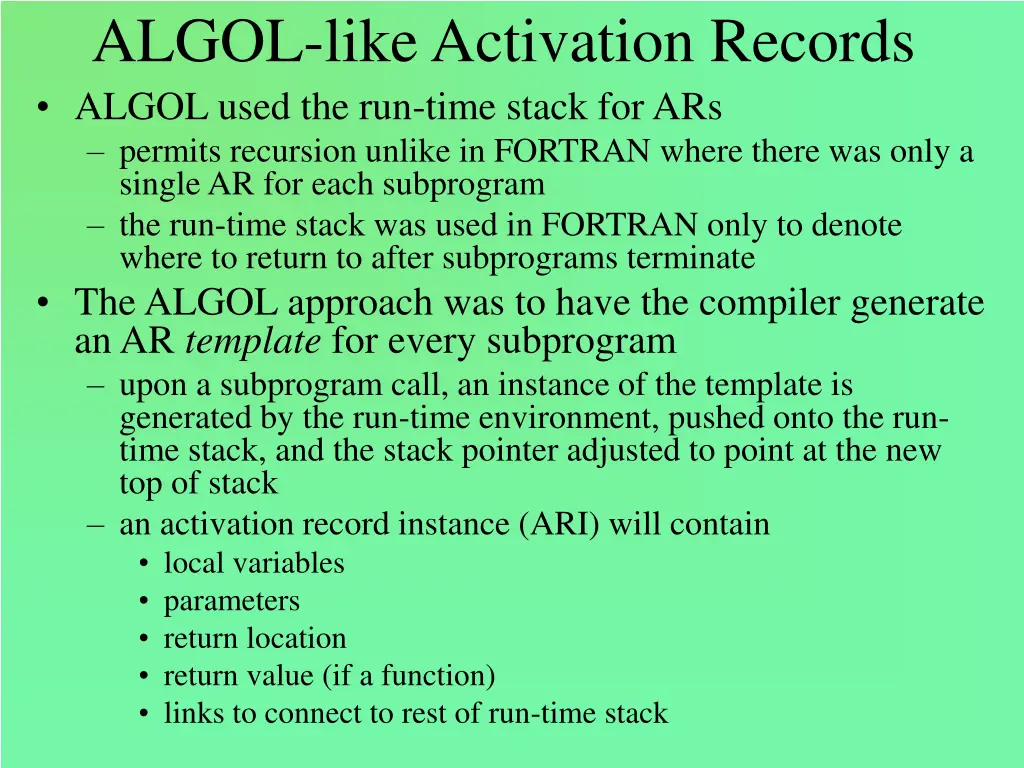 algol like activation records algol used