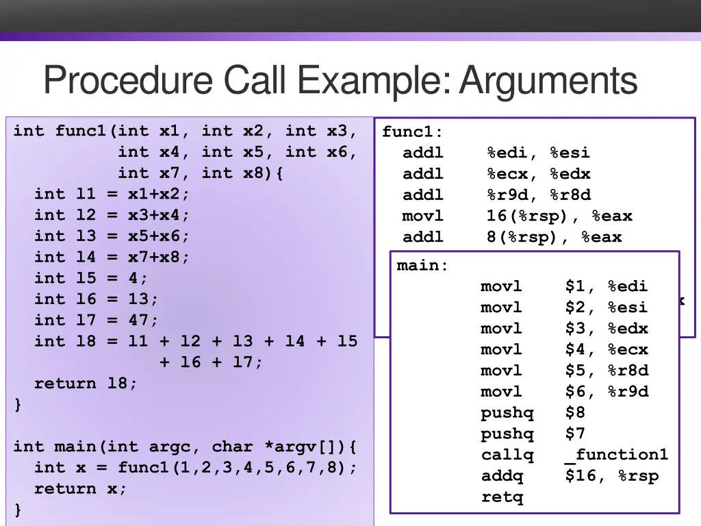 procedure call example arguments