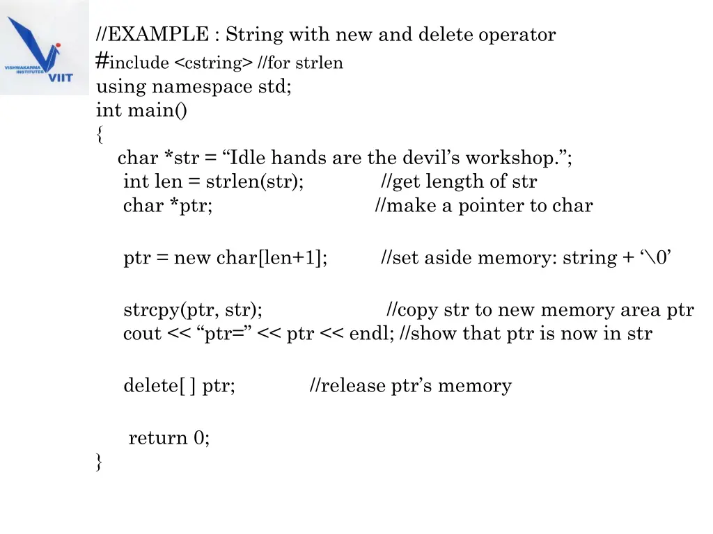 example string with new and delete operator