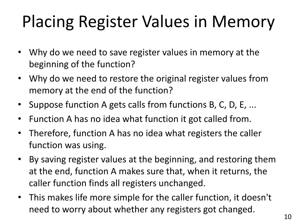 placing register values in memory 1