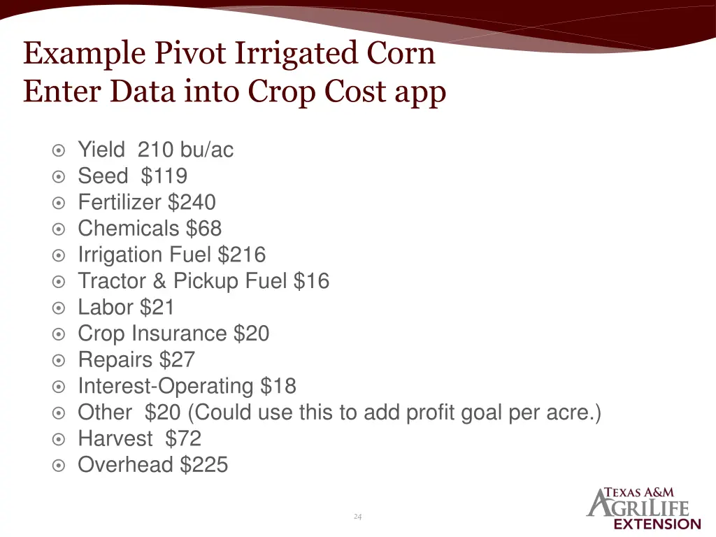 example pivot irrigated corn enter data into crop