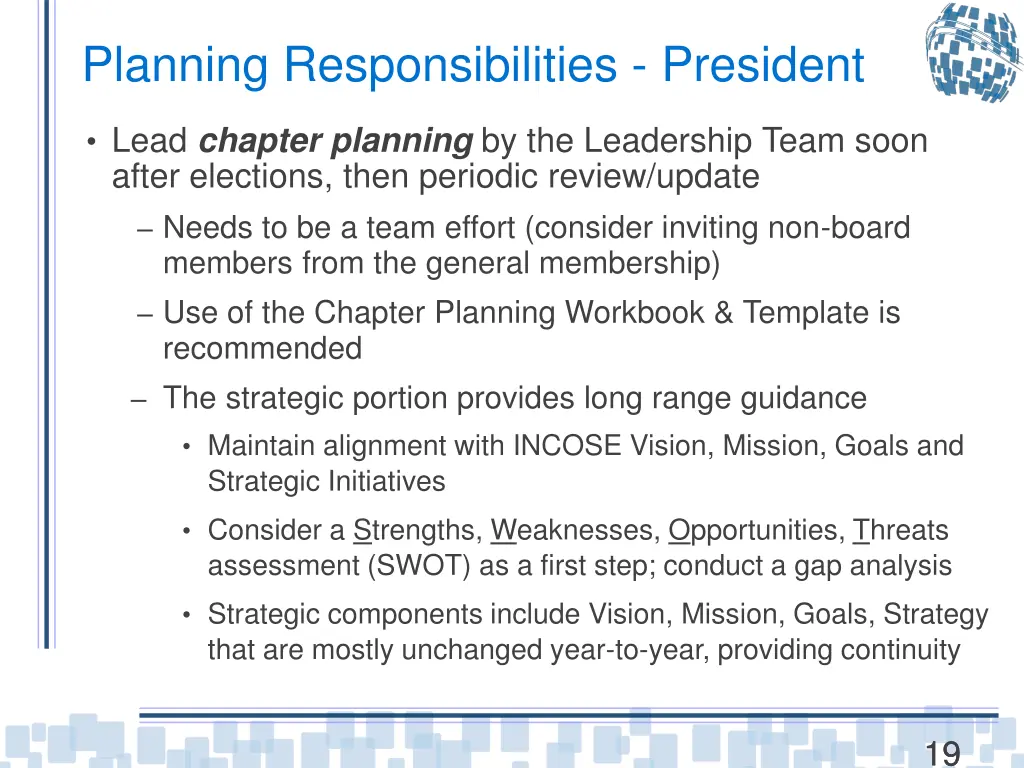 planning responsibilities president