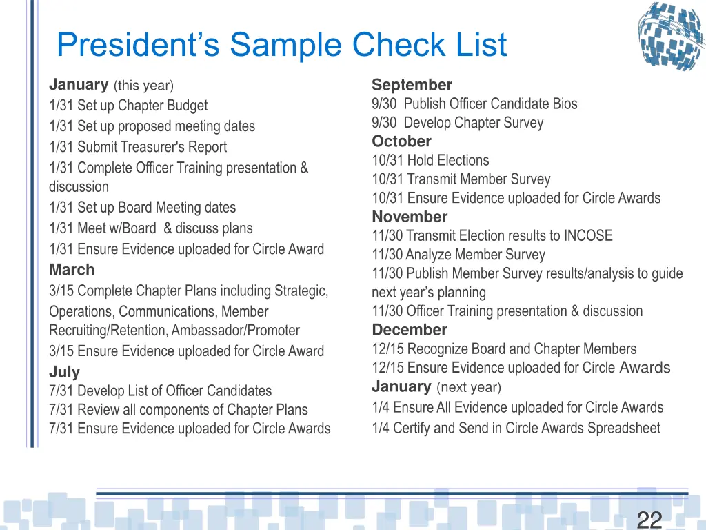 president s sample check list