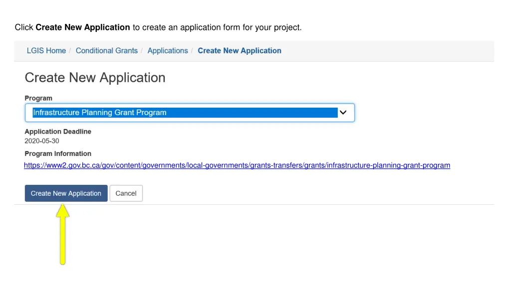 click create new application to create