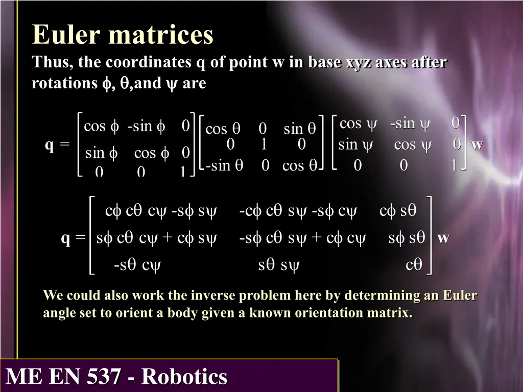 euler matrices thus the coordinates q of point
