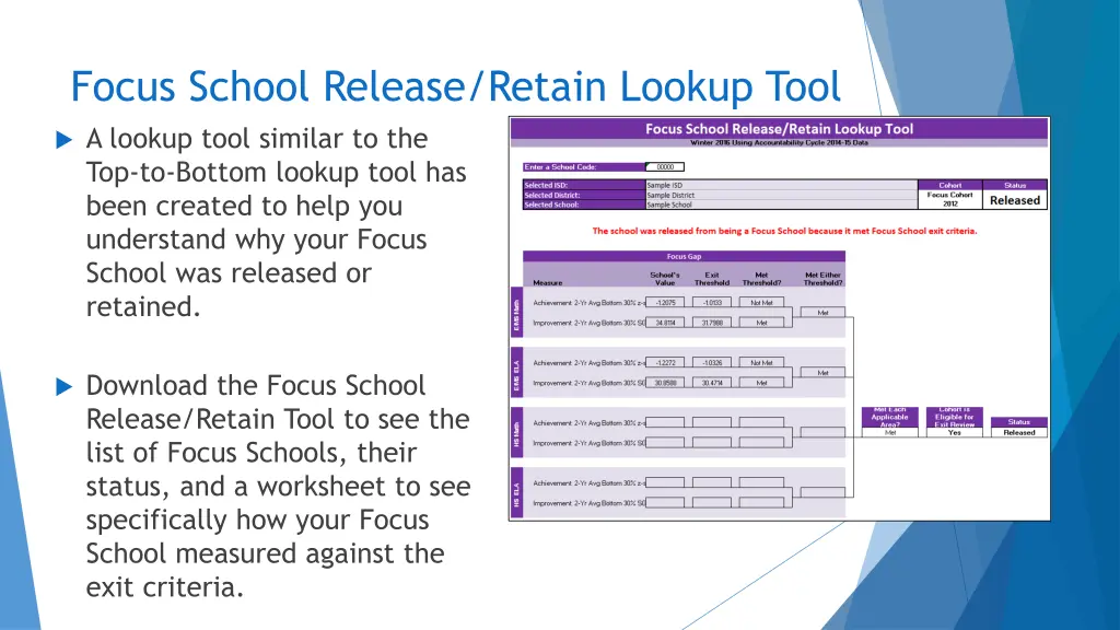 focus school release retain lookup tool