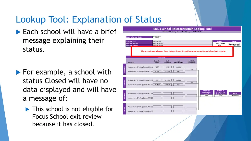 lookup tool explanation of status each school