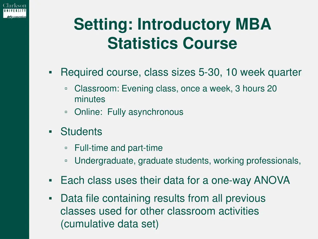 setting introductory mba statistics course