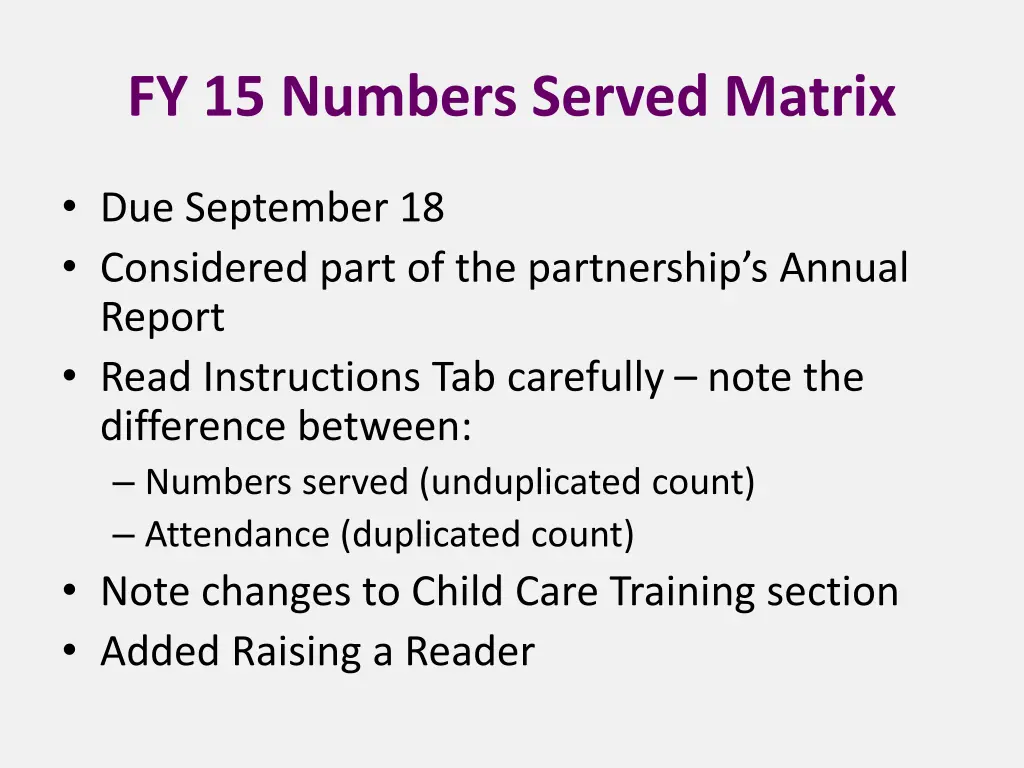 fy 15 numbers served matrix