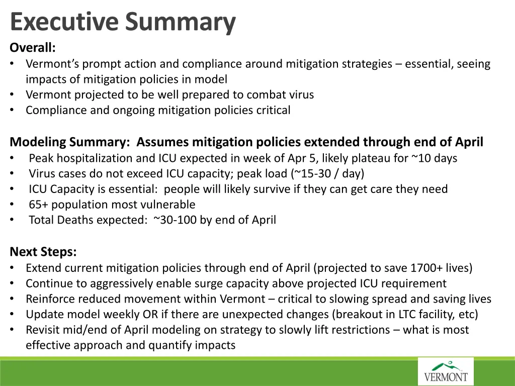 executive summary overall vermont s prompt action