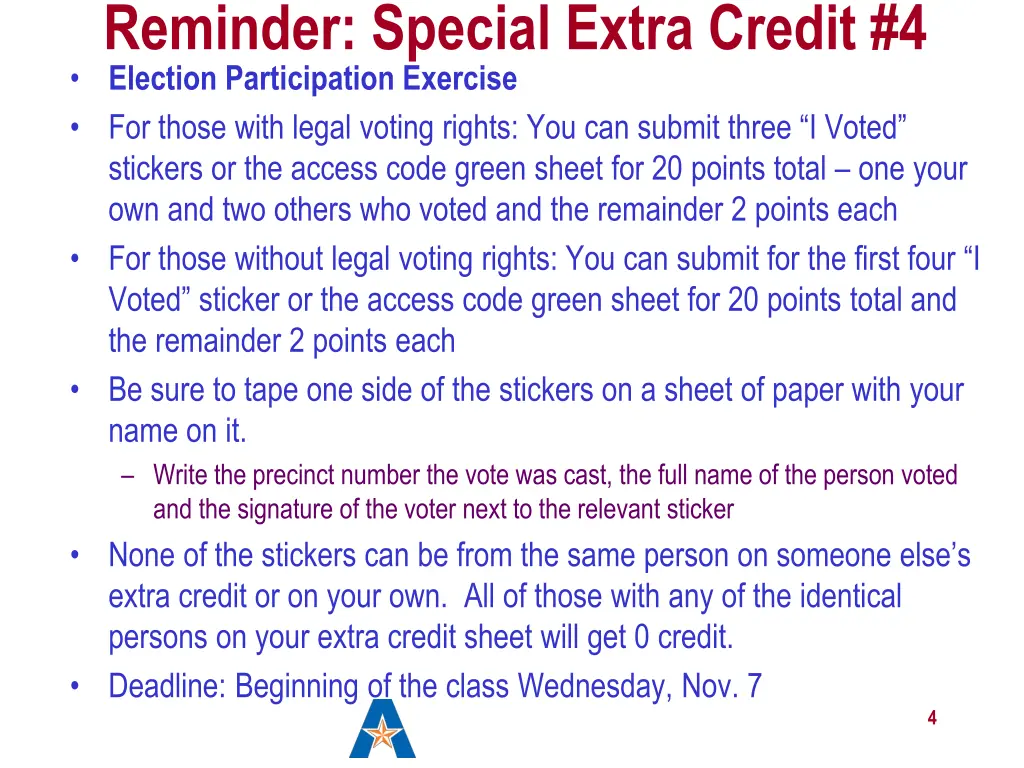 reminder special extra credit 4 election