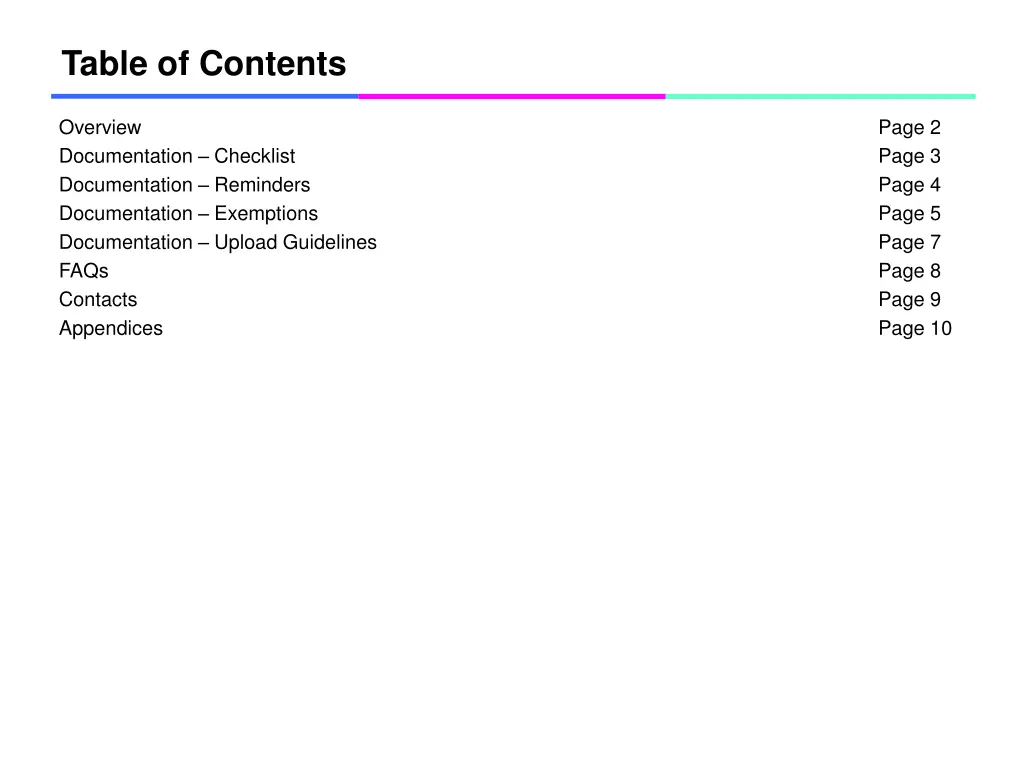 table of contents