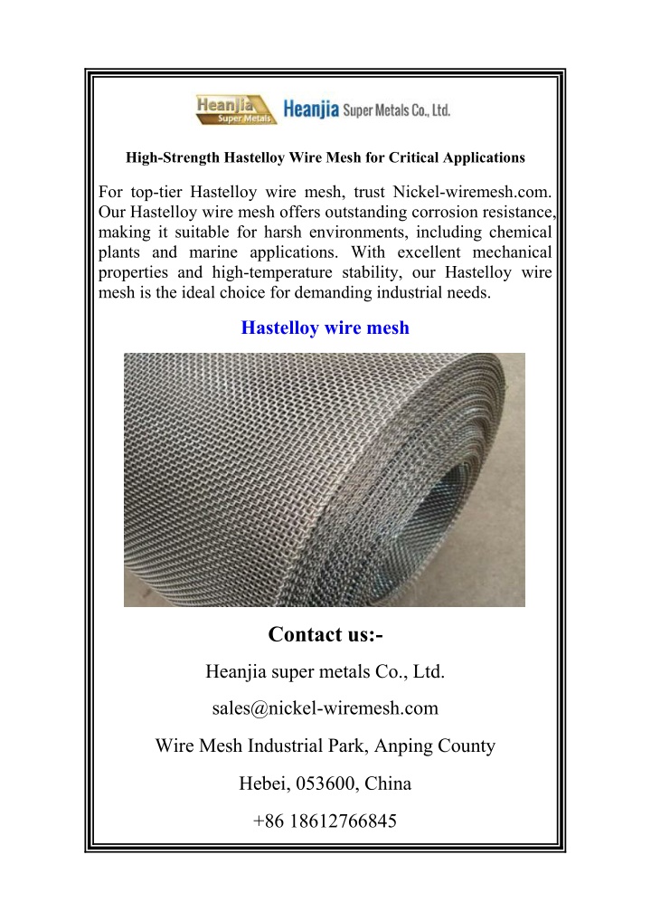 high strength hastelloy wire mesh for critical