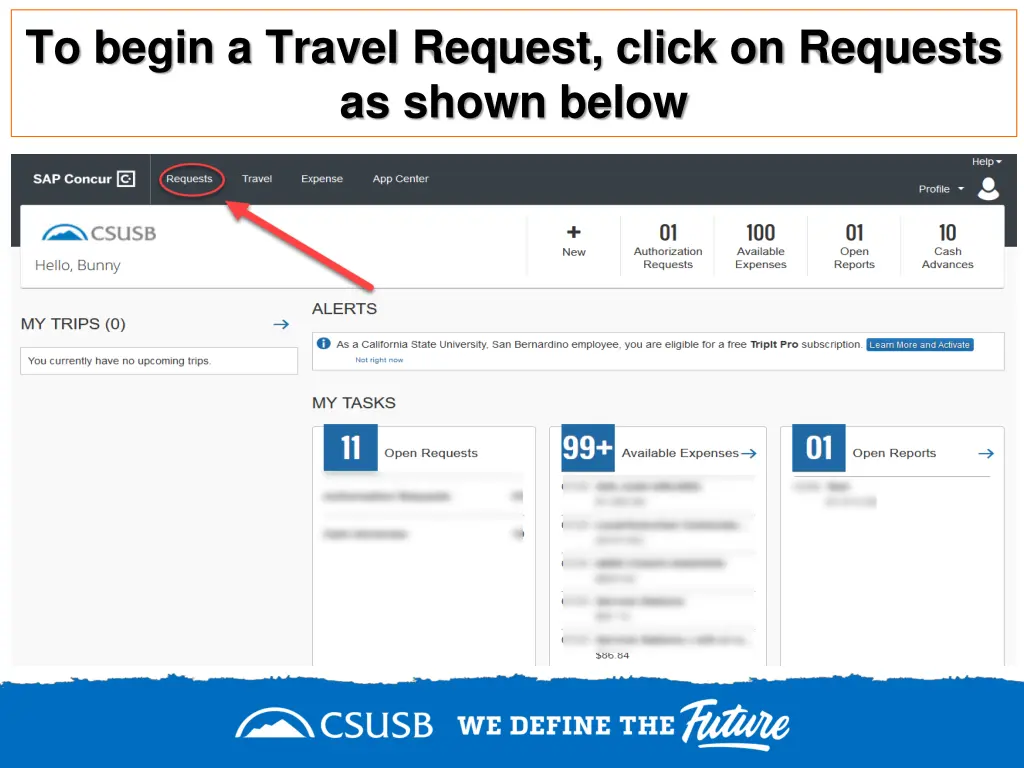 to begin a travel request click on requests