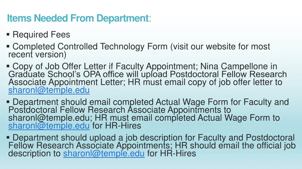 items needed from department