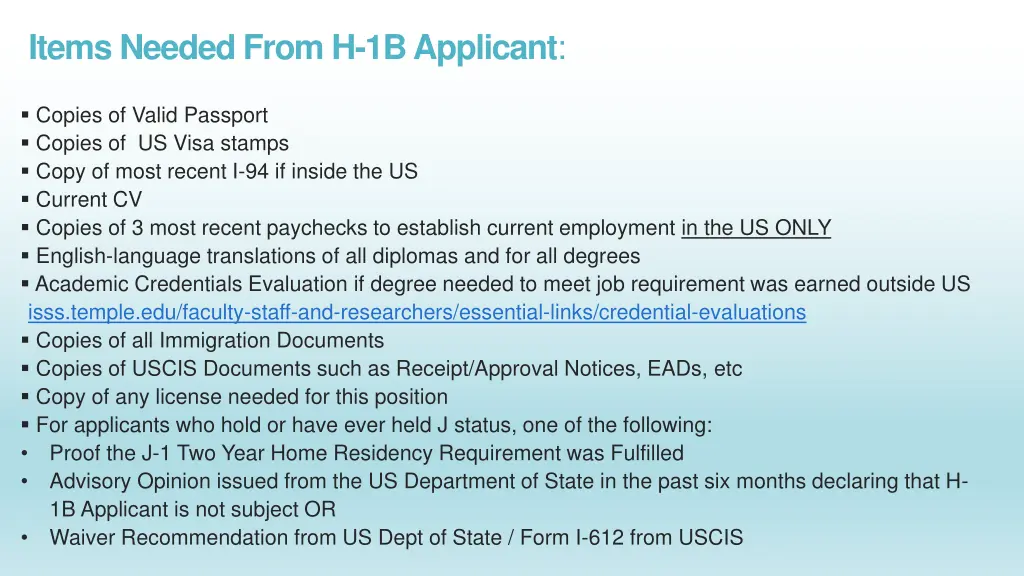 items needed from h 1b applicant