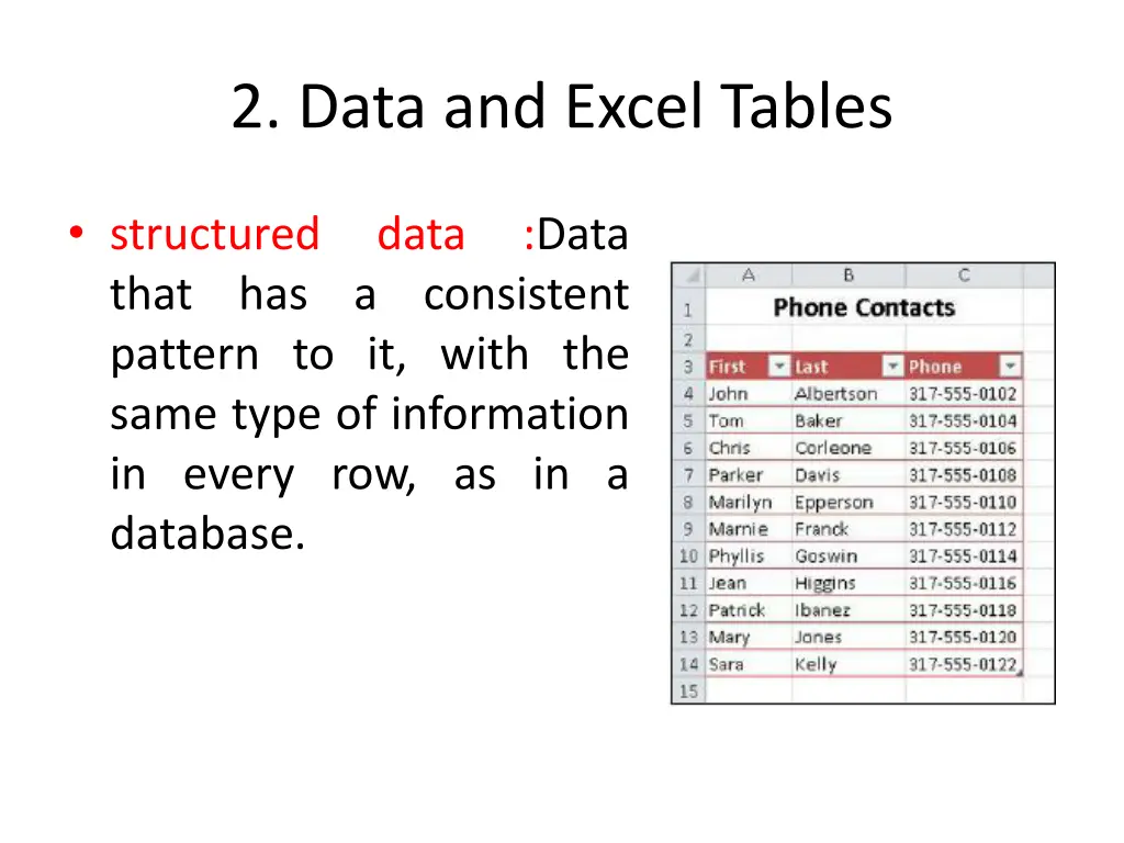 2 data and excel tables
