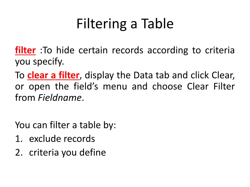 filtering a table